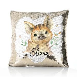 Personalised Sequin Cushion with Wild Boar Piglet with Bird and Bees and Cute Text