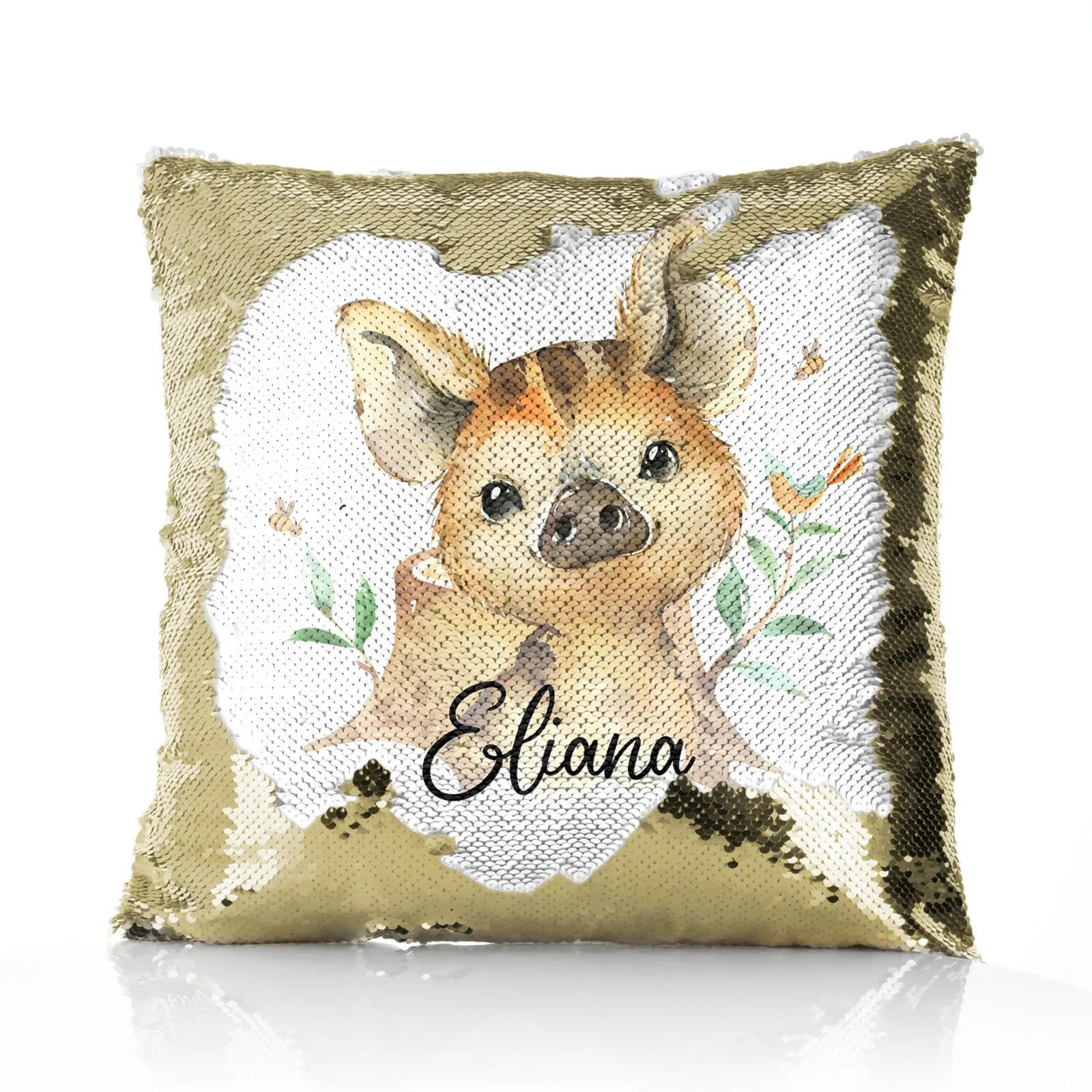 Personalised Sequin Cushion with Wild Boar Piglet with Bird and Bees and Cute Text