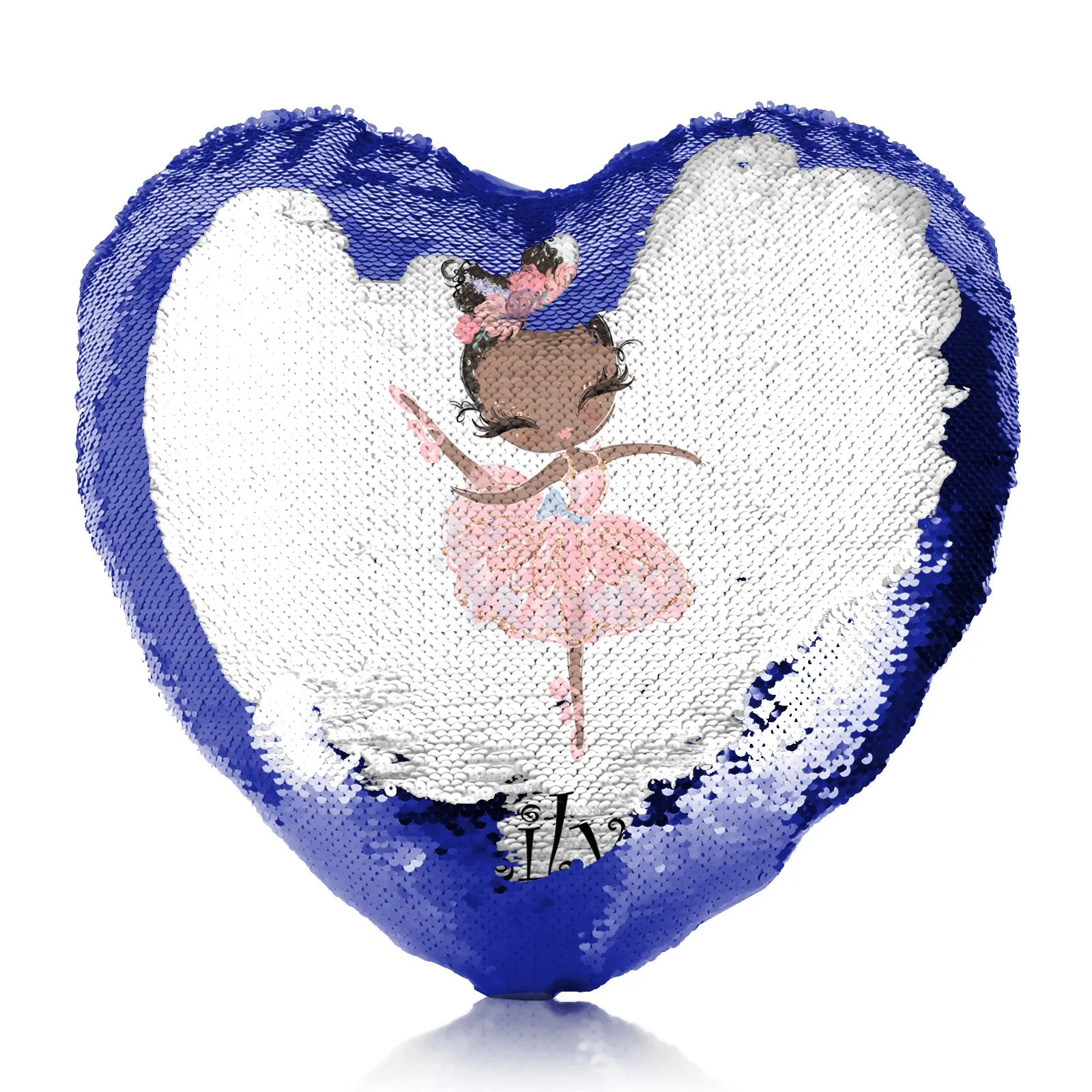 Personalised Sequin Heart Cushion with Cute Text and Black Hair Pink Dress Ballerina