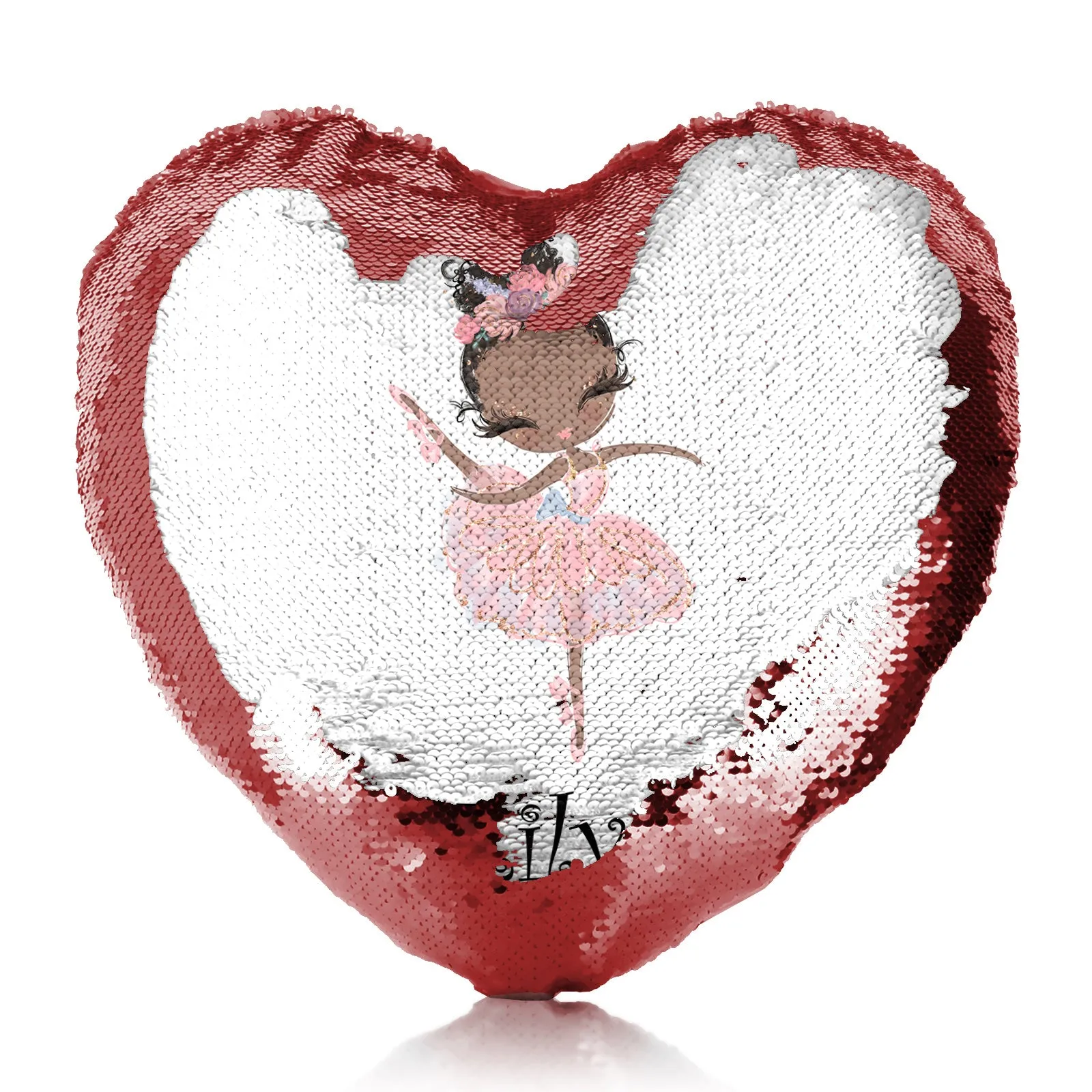 Personalised Sequin Heart Cushion with Cute Text and Black Hair Pink Dress Ballerina