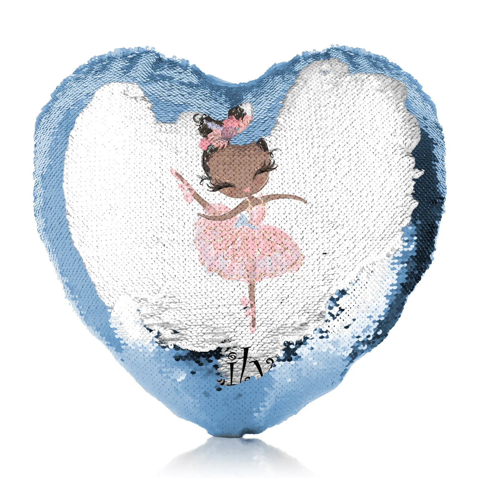 Personalised Sequin Heart Cushion with Cute Text and Black Hair Pink Dress Ballerina