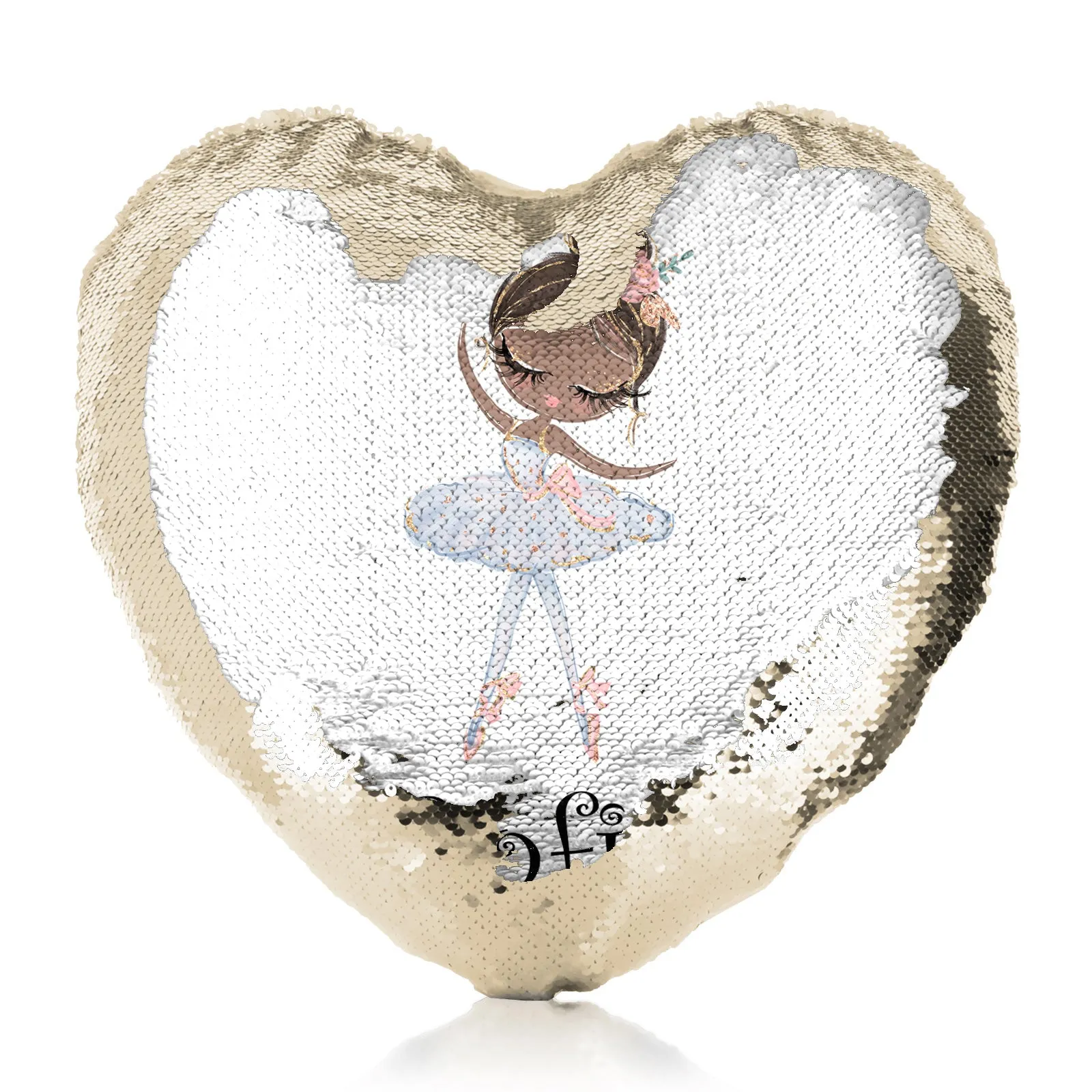 Personalised Sequin Heart Cushion with Cute Text and Black Hair White Dress Ballerina