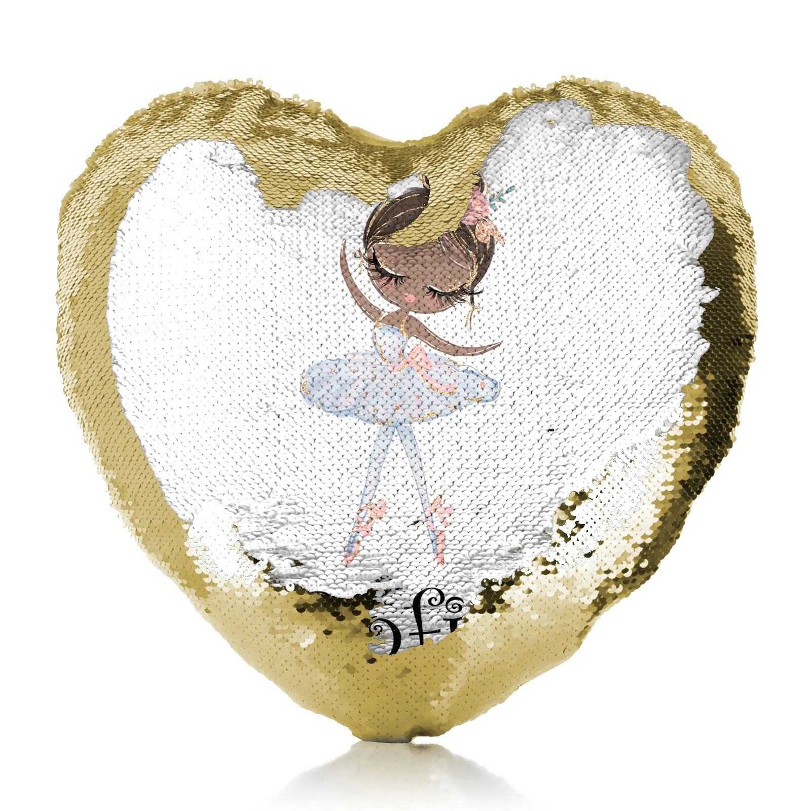 Personalised Sequin Heart Cushion with Cute Text and Black Hair White Dress Ballerina