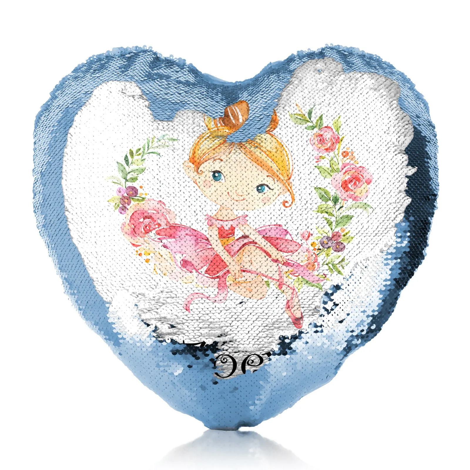 Personalised Sequin Heart Cushion with Cute Text and Flower Wreath Red Hair Ballerina