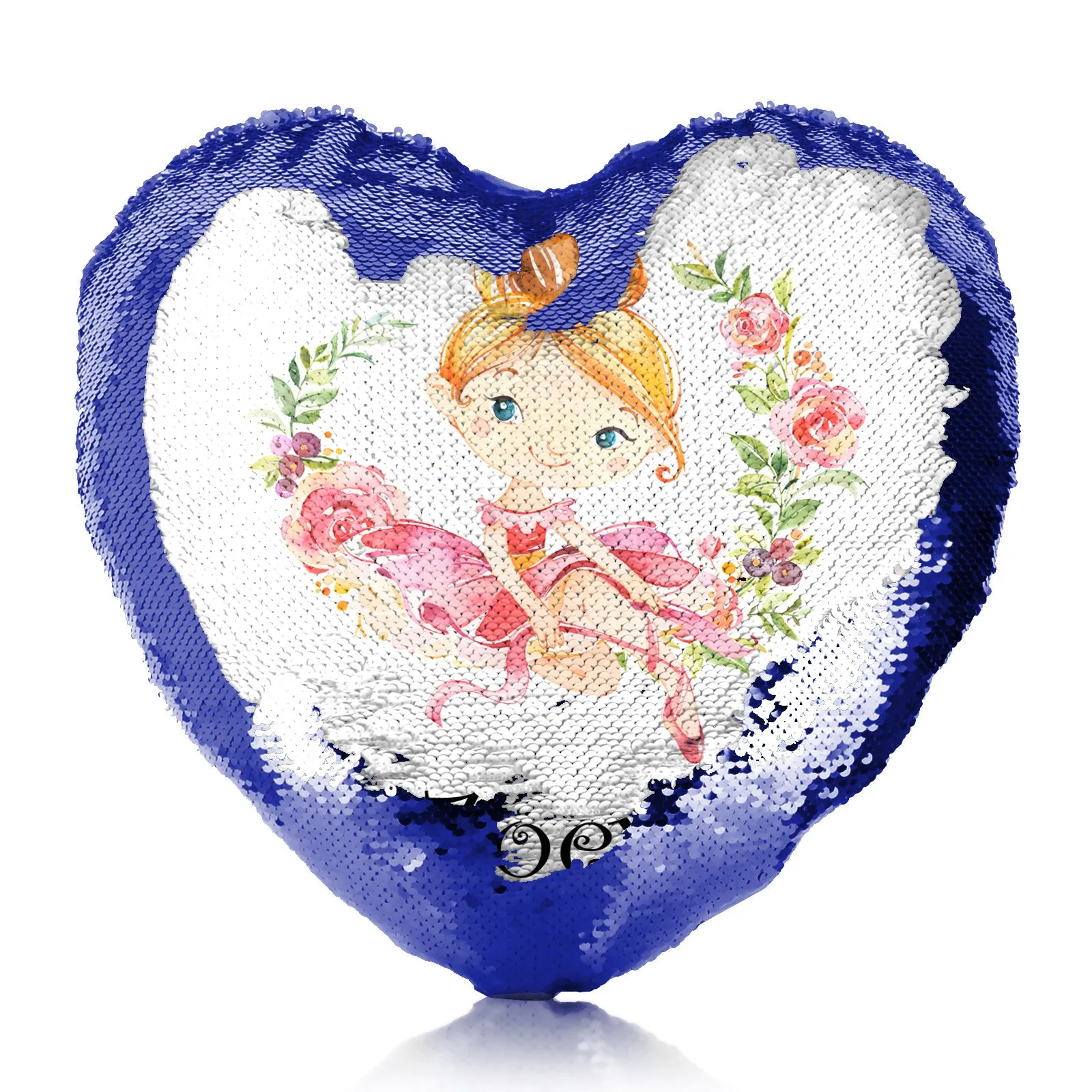 Personalised Sequin Heart Cushion with Cute Text and Flower Wreath Red Hair Ballerina