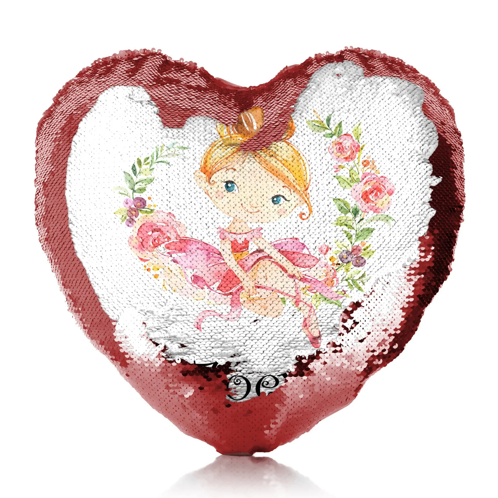 Personalised Sequin Heart Cushion with Cute Text and Flower Wreath Red Hair Ballerina