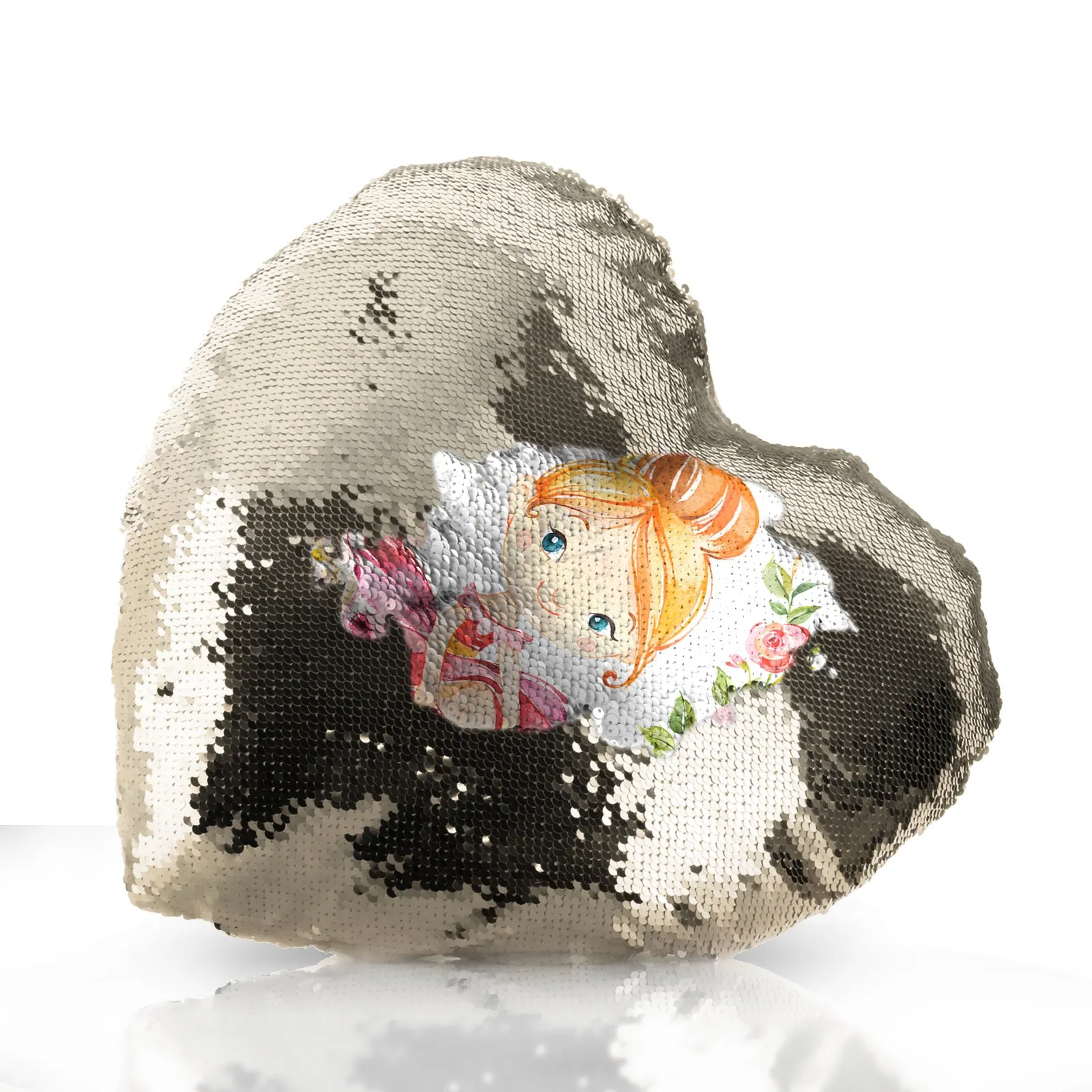 Personalised Sequin Heart Cushion with Cute Text and Flower Wreath Red Hair Ballerina