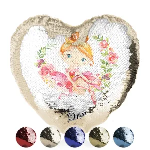 Personalised Sequin Heart Cushion with Cute Text and Flower Wreath Red Hair Ballerina