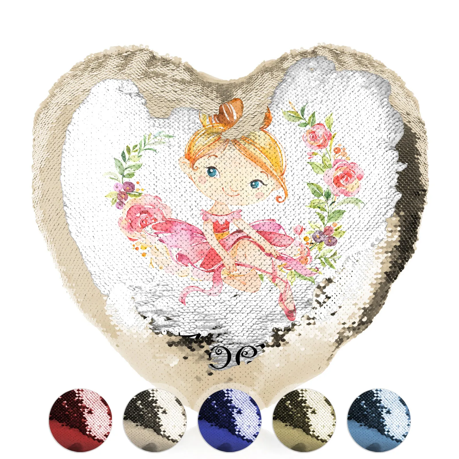 Personalised Sequin Heart Cushion with Cute Text and Flower Wreath Red Hair Ballerina