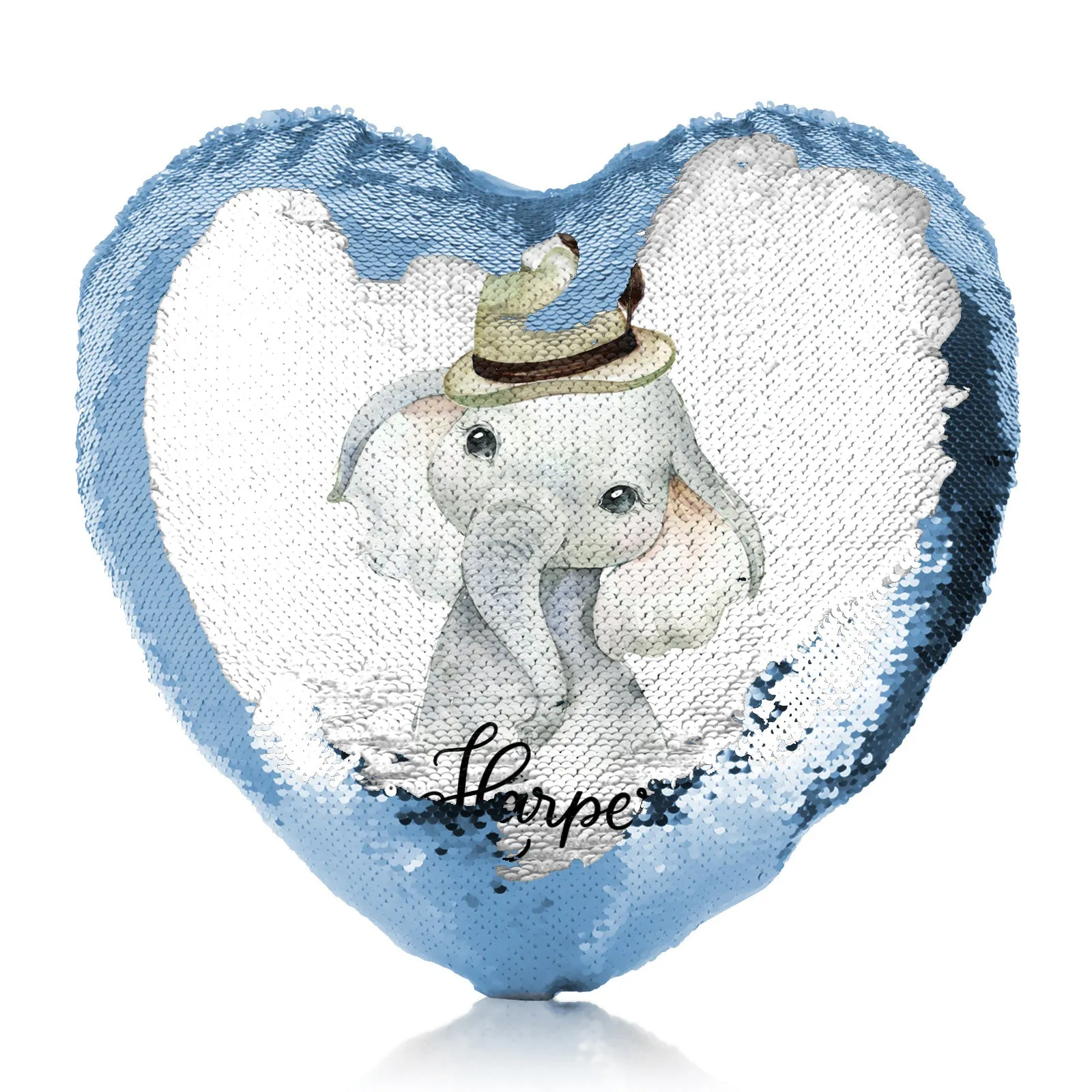 Personalised Sequin Heart Cushion with Grey Elephant Feather Hat and Cute Text
