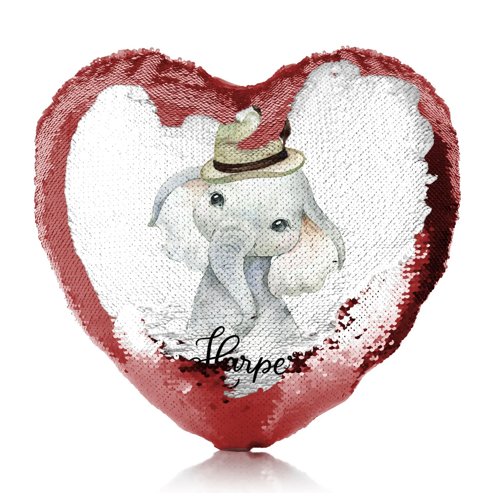 Personalised Sequin Heart Cushion with Grey Elephant Feather Hat and Cute Text