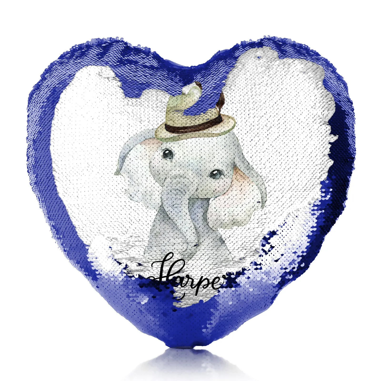 Personalised Sequin Heart Cushion with Grey Elephant Feather Hat and Cute Text