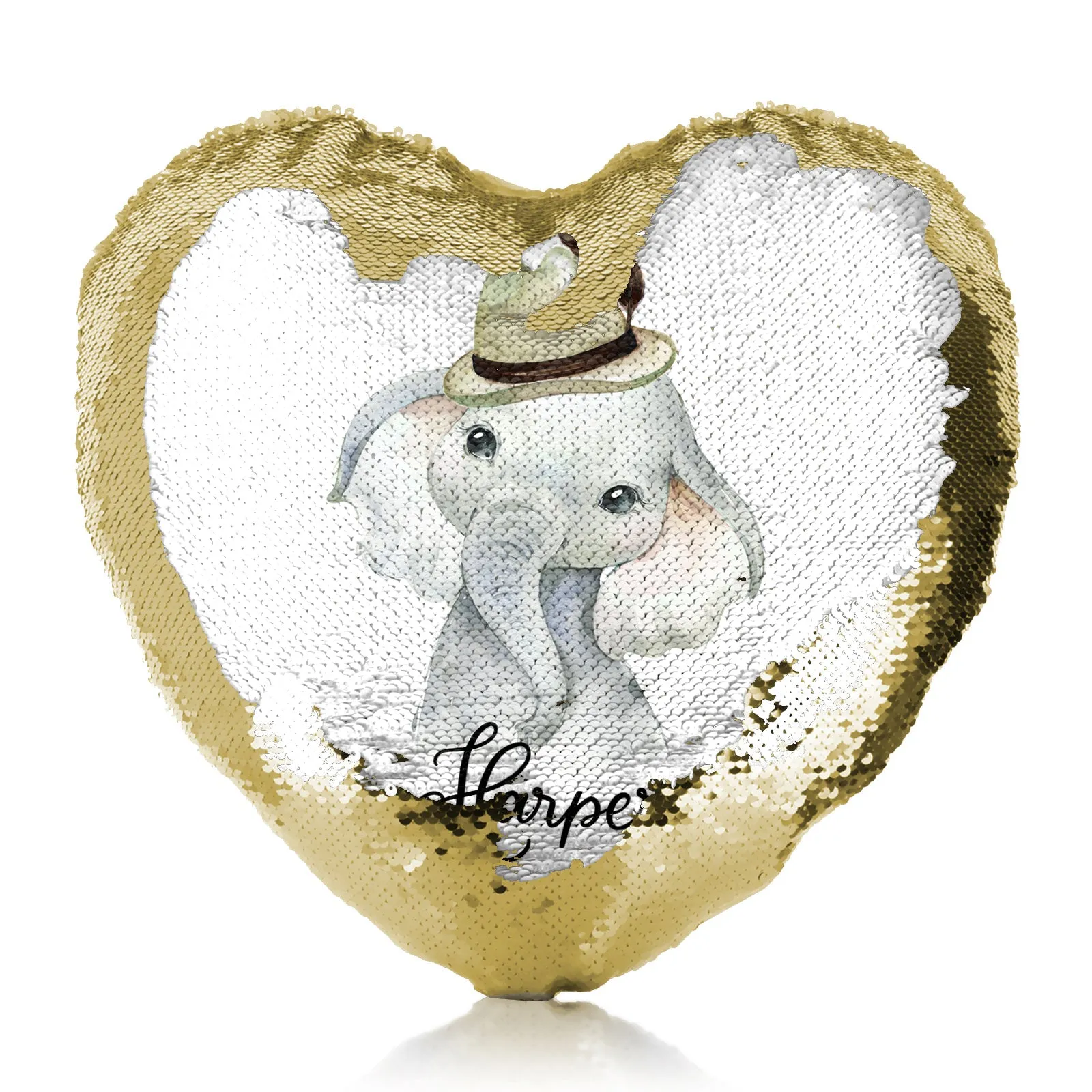 Personalised Sequin Heart Cushion with Grey Elephant Feather Hat and Cute Text