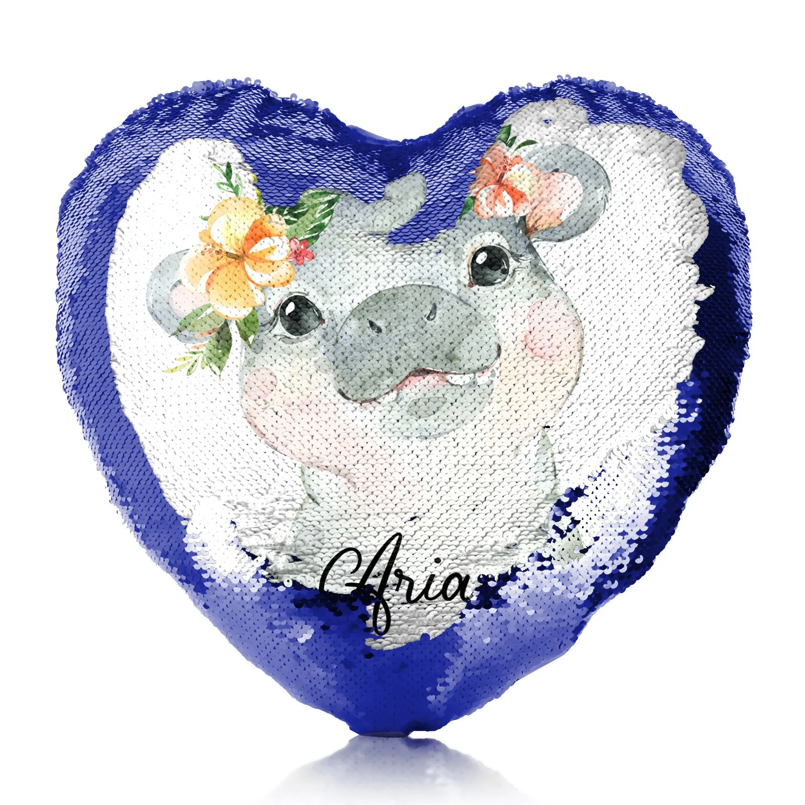 Personalised Sequin Heart Cushion with Hippo Peach Flowers and Cute Text