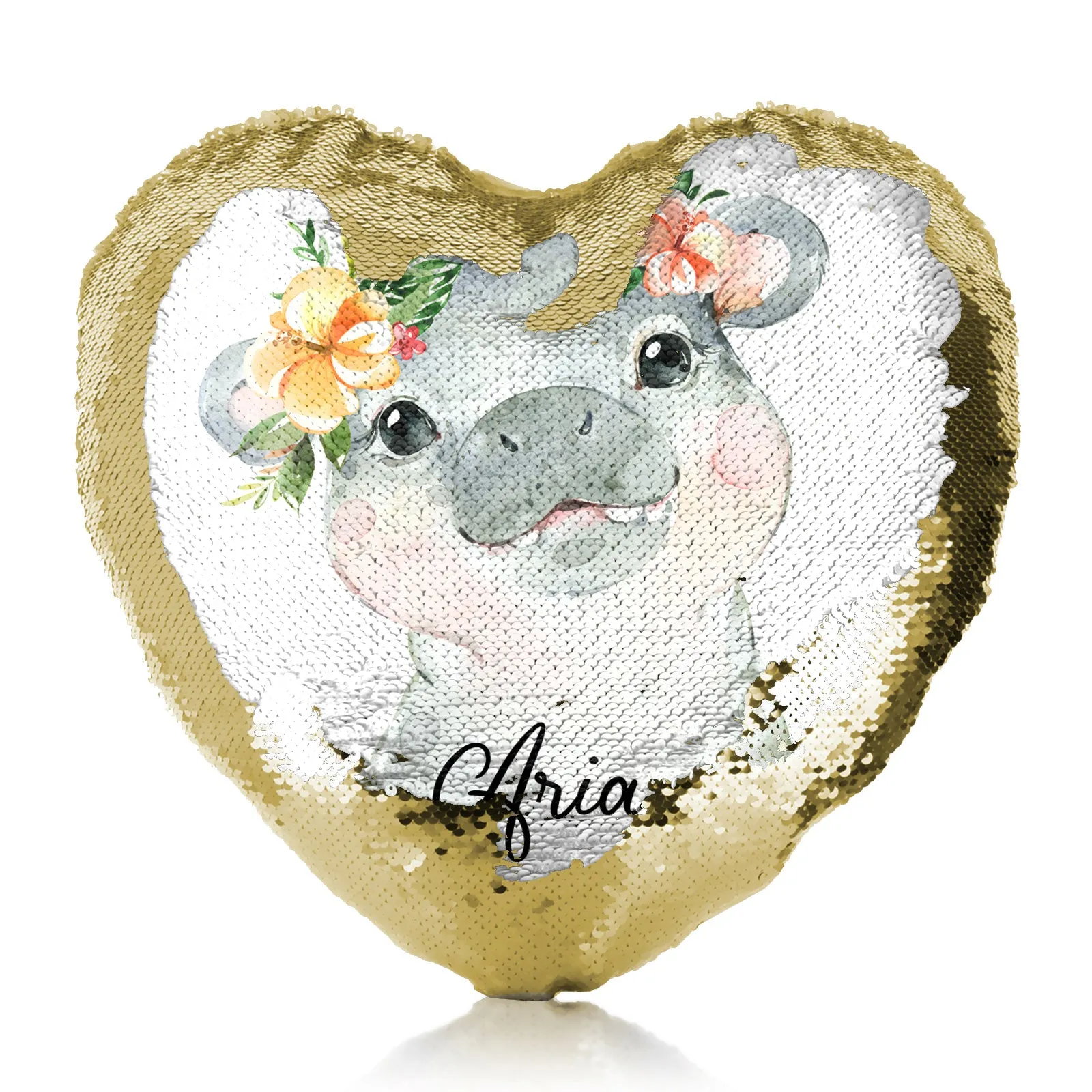 Personalised Sequin Heart Cushion with Hippo Peach Flowers and Cute Text