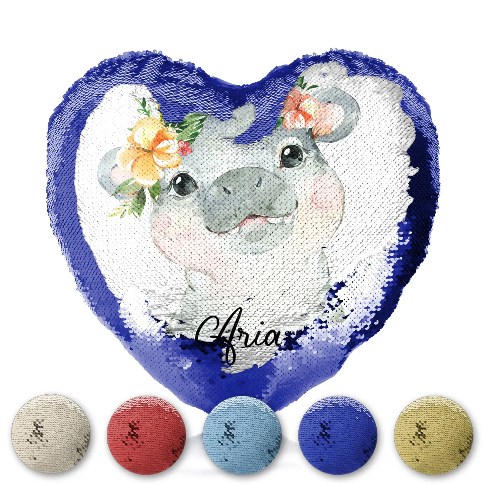 Personalised Sequin Heart Cushion with Hippo Peach Flowers and Cute Text