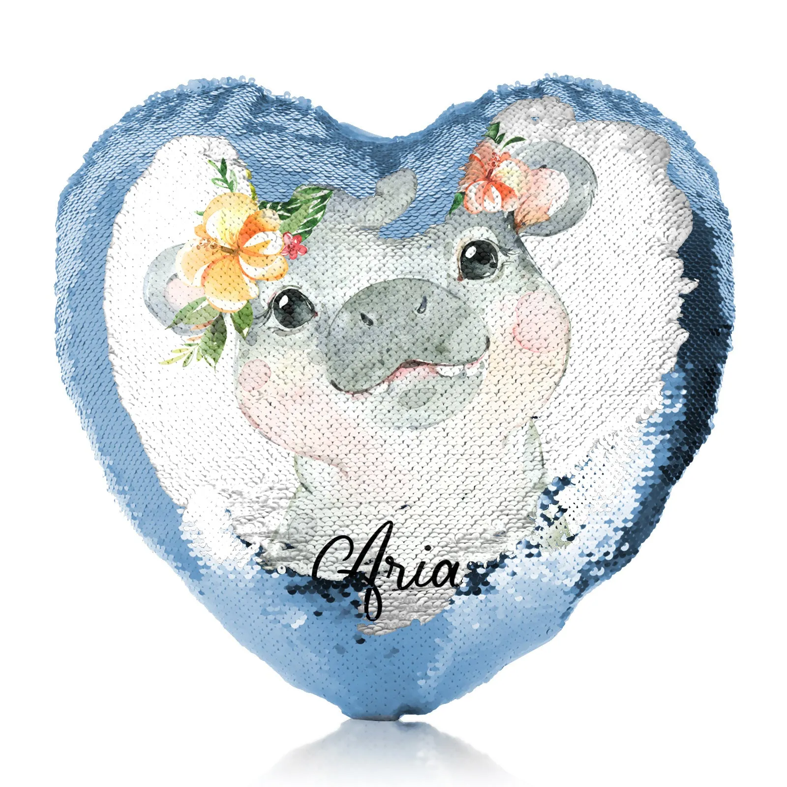 Personalised Sequin Heart Cushion with Hippo Peach Flowers and Cute Text