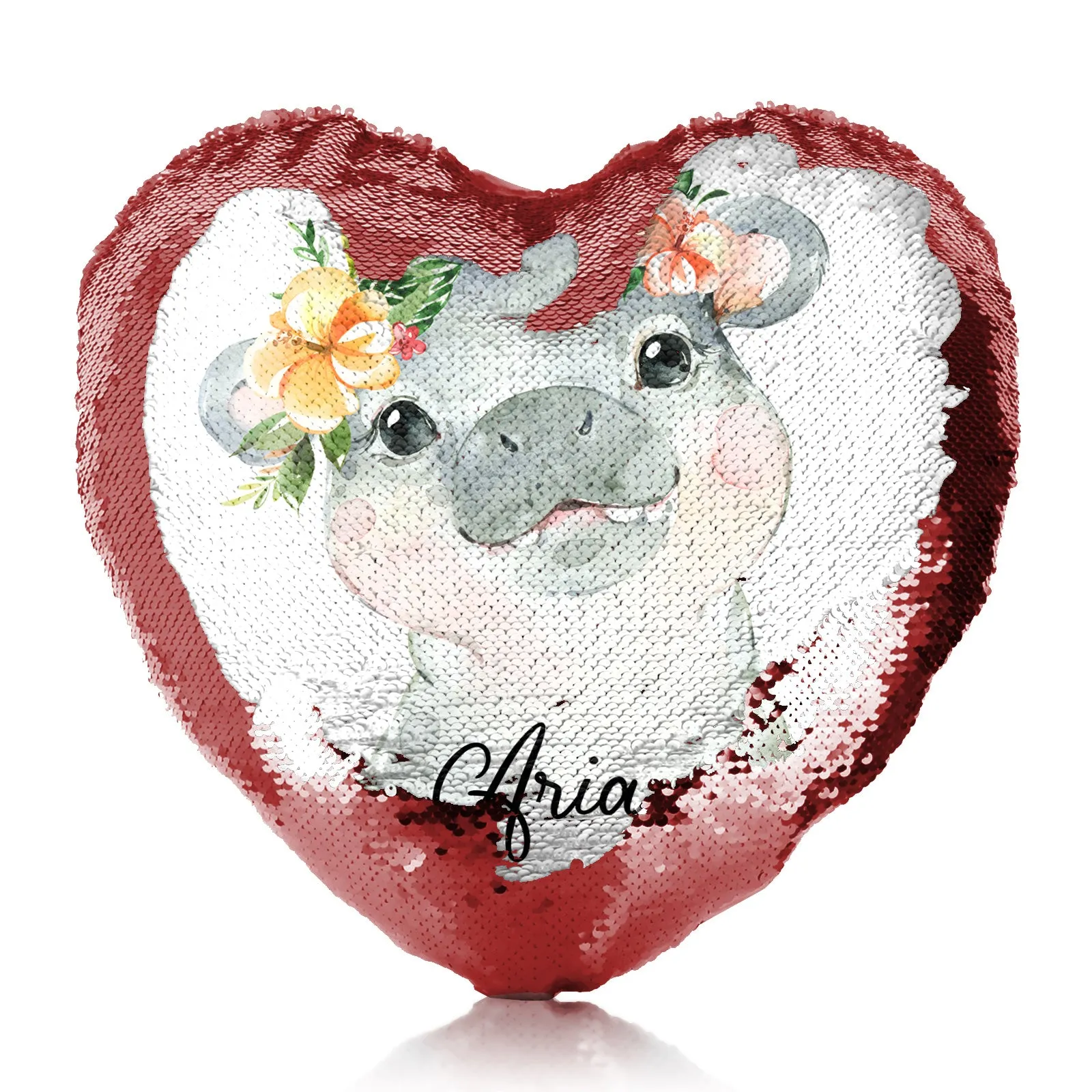Personalised Sequin Heart Cushion with Hippo Peach Flowers and Cute Text