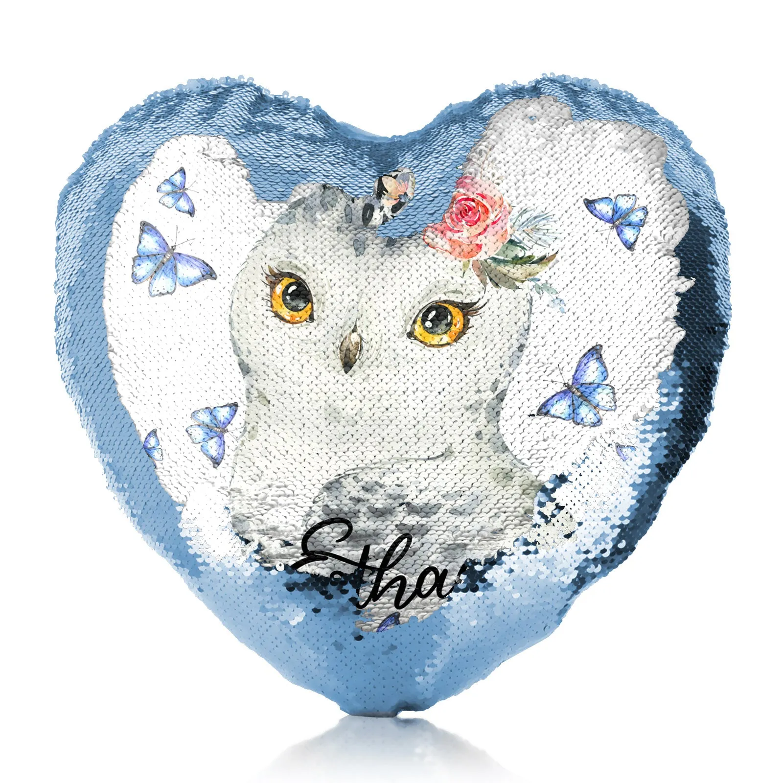 Personalised Sequin Heart Cushion with Snow Owl Blue Butterfly and Cute Text