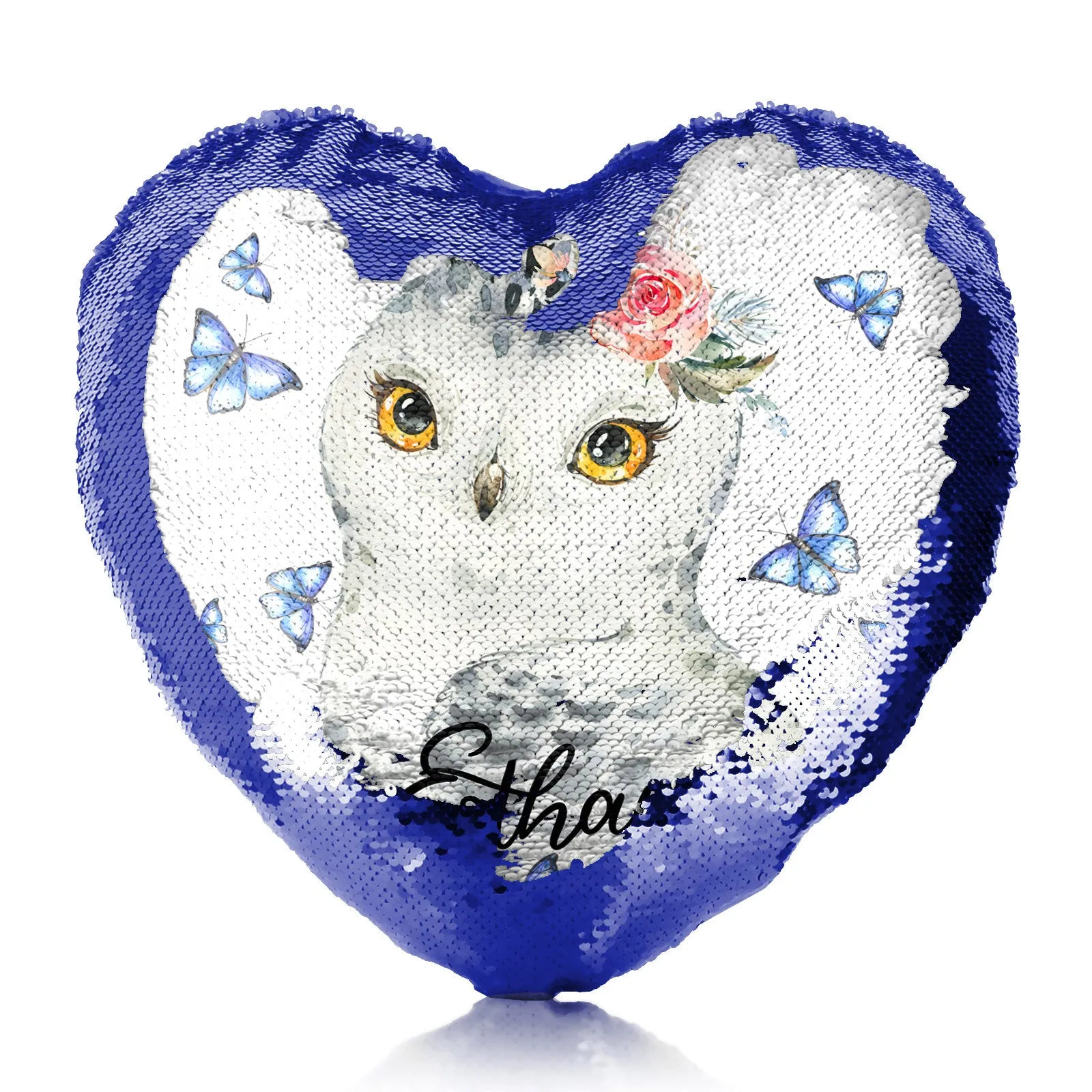 Personalised Sequin Heart Cushion with Snow Owl Blue Butterfly and Cute Text
