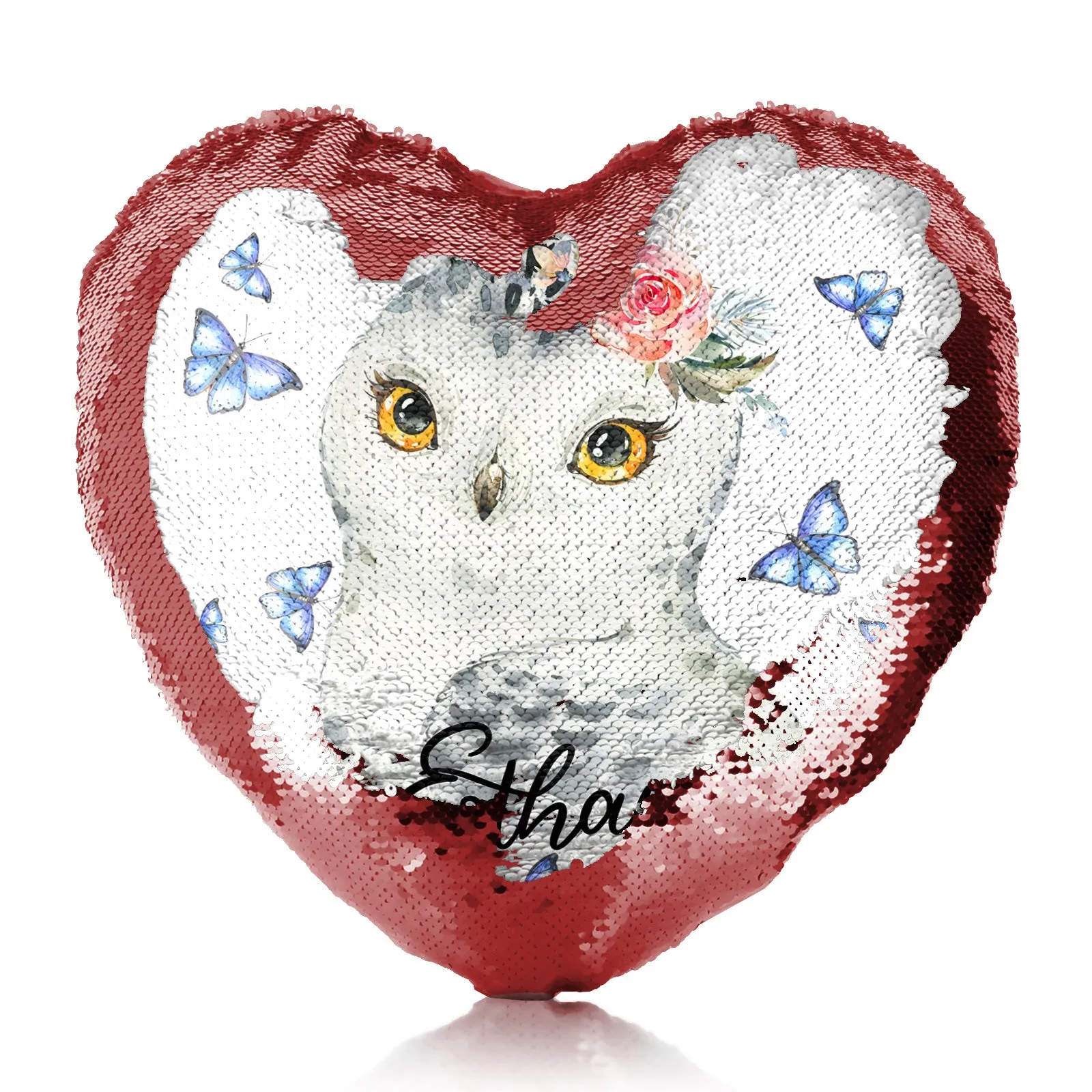 Personalised Sequin Heart Cushion with Snow Owl Blue Butterfly and Cute Text