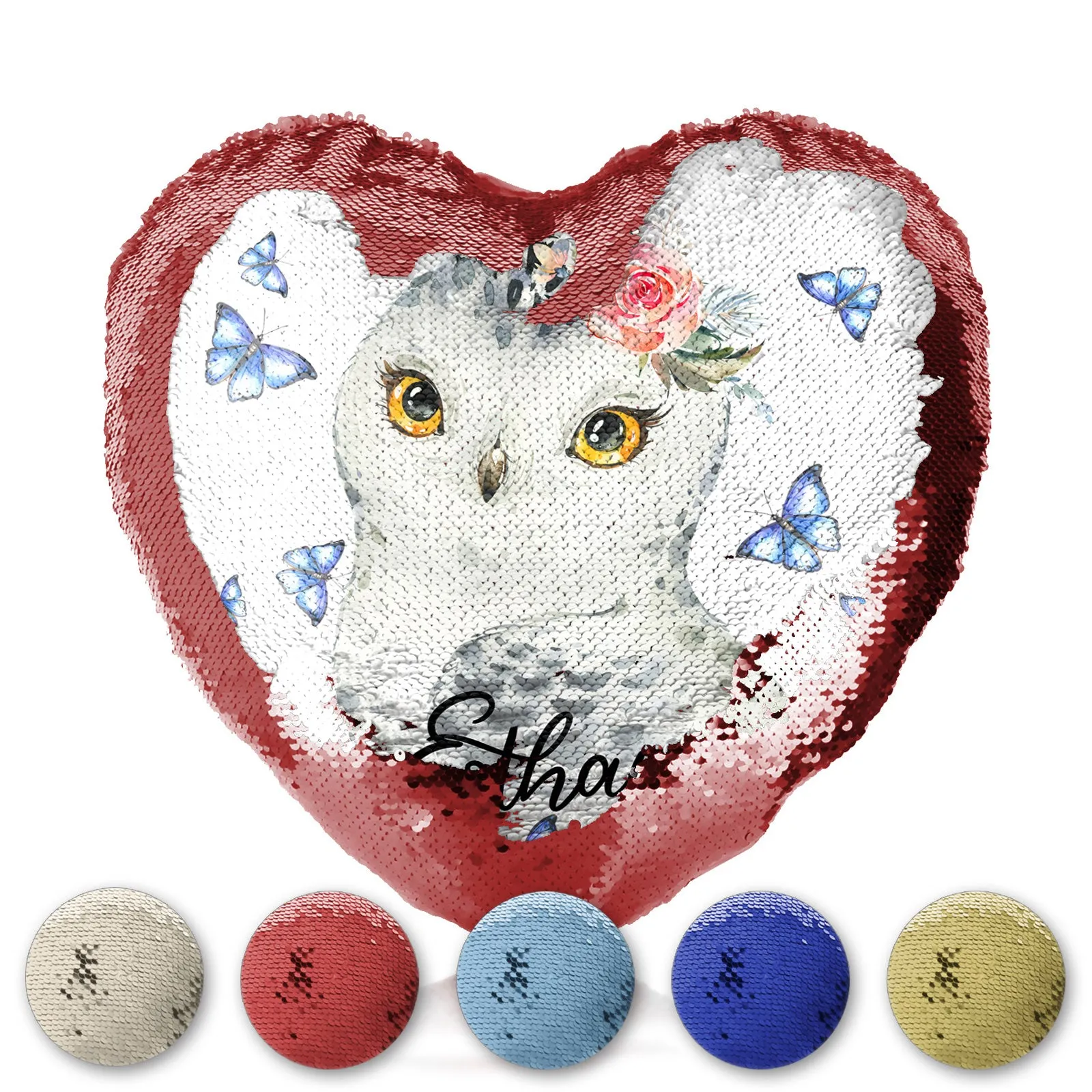 Personalised Sequin Heart Cushion with Snow Owl Blue Butterfly and Cute Text