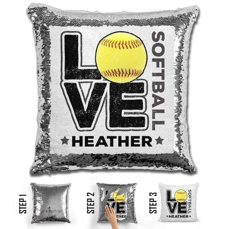 Personalized LOVE Softball Magic Sequin Pillow