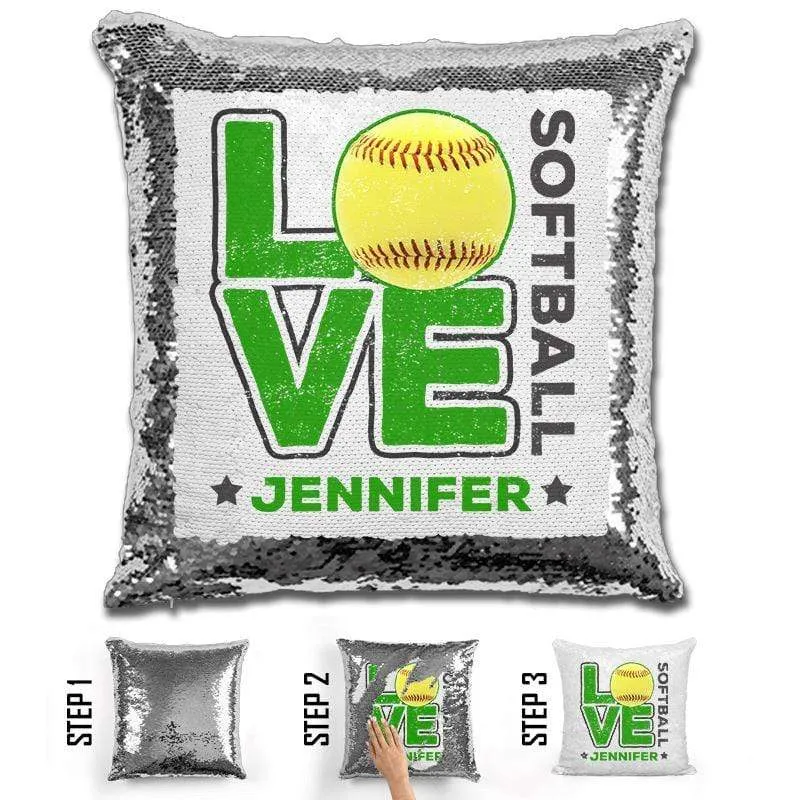 Personalized LOVE Softball Magic Sequin Pillow