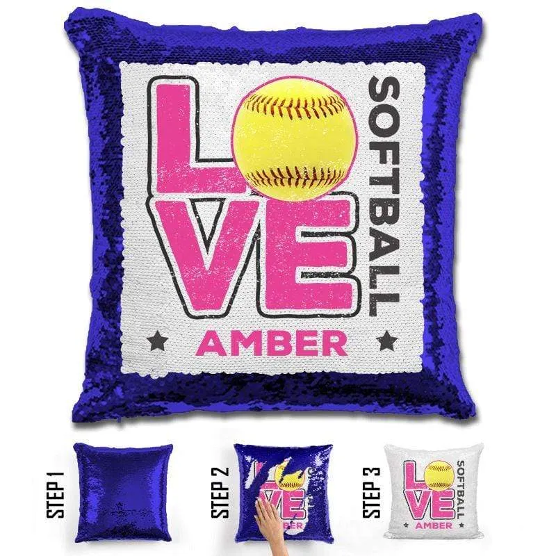Personalized LOVE Softball Magic Sequin Pillow