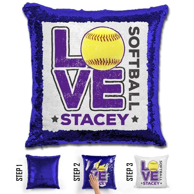 Personalized LOVE Softball Magic Sequin Pillow