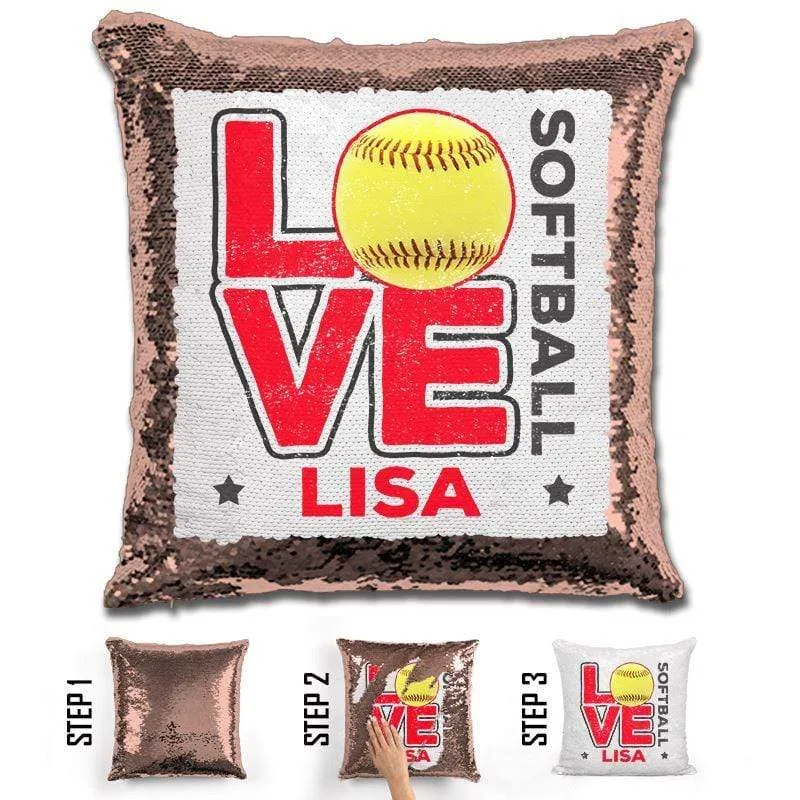 Personalized LOVE Softball Magic Sequin Pillow