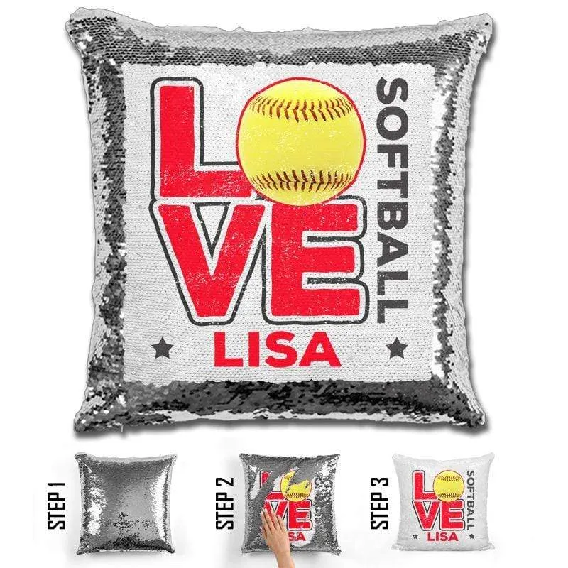 Personalized LOVE Softball Magic Sequin Pillow