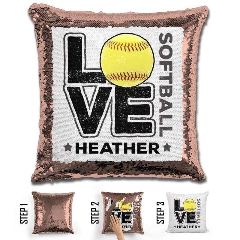 Personalized LOVE Softball Magic Sequin Pillow