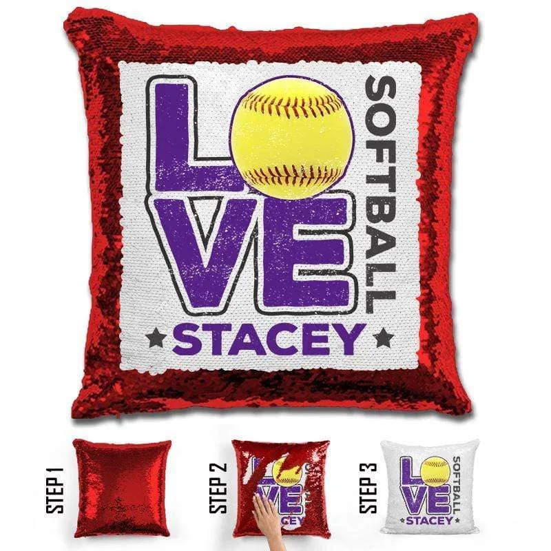 Personalized LOVE Softball Magic Sequin Pillow