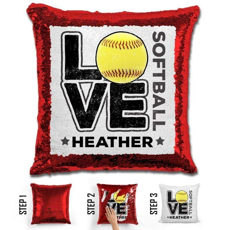 Personalized LOVE Softball Magic Sequin Pillow