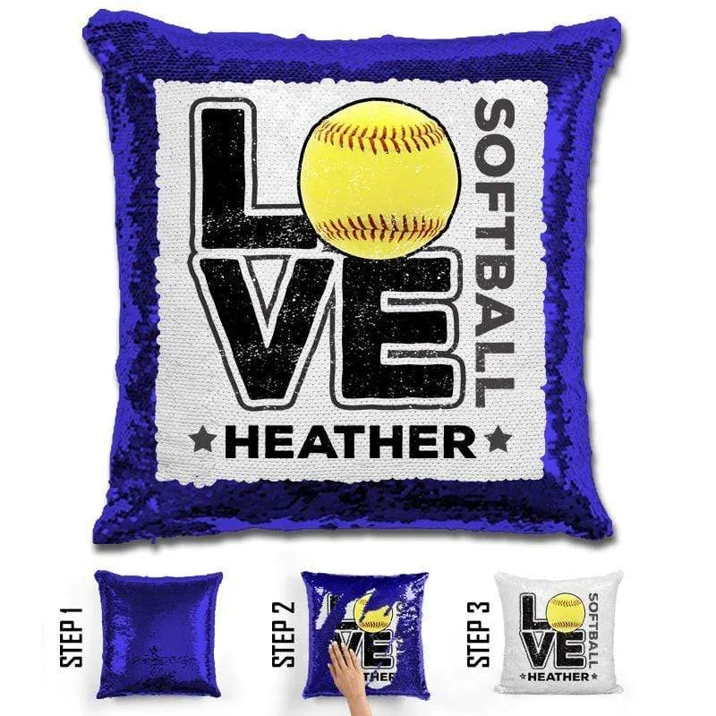 Personalized LOVE Softball Magic Sequin Pillow