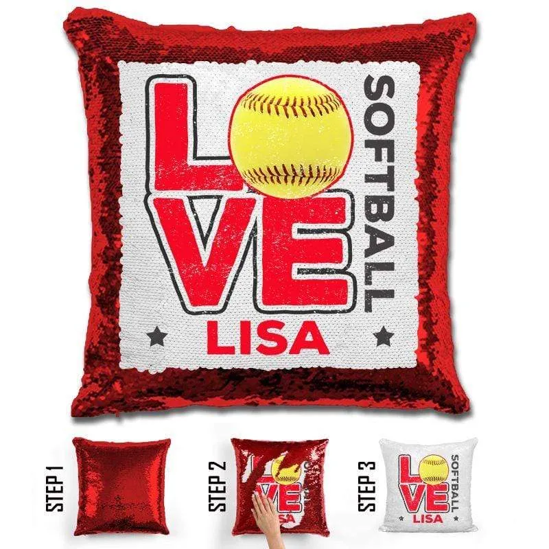 Personalized LOVE Softball Magic Sequin Pillow