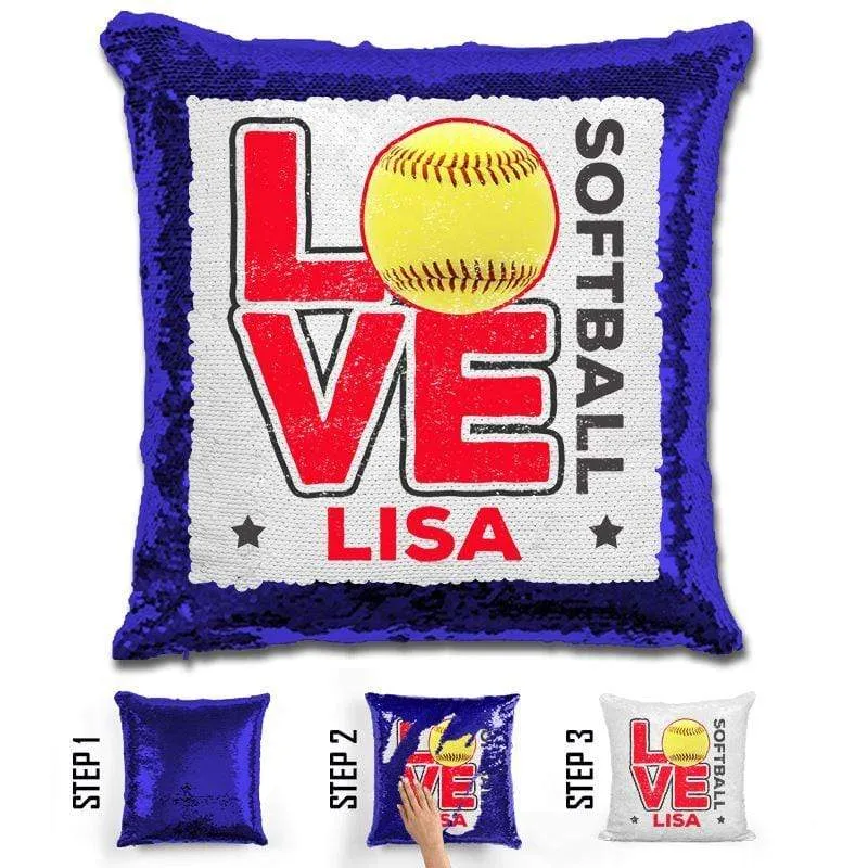 Personalized LOVE Softball Magic Sequin Pillow