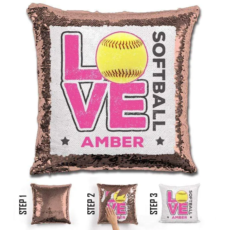 Personalized LOVE Softball Magic Sequin Pillow