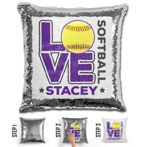 Personalized LOVE Softball Magic Sequin Pillow