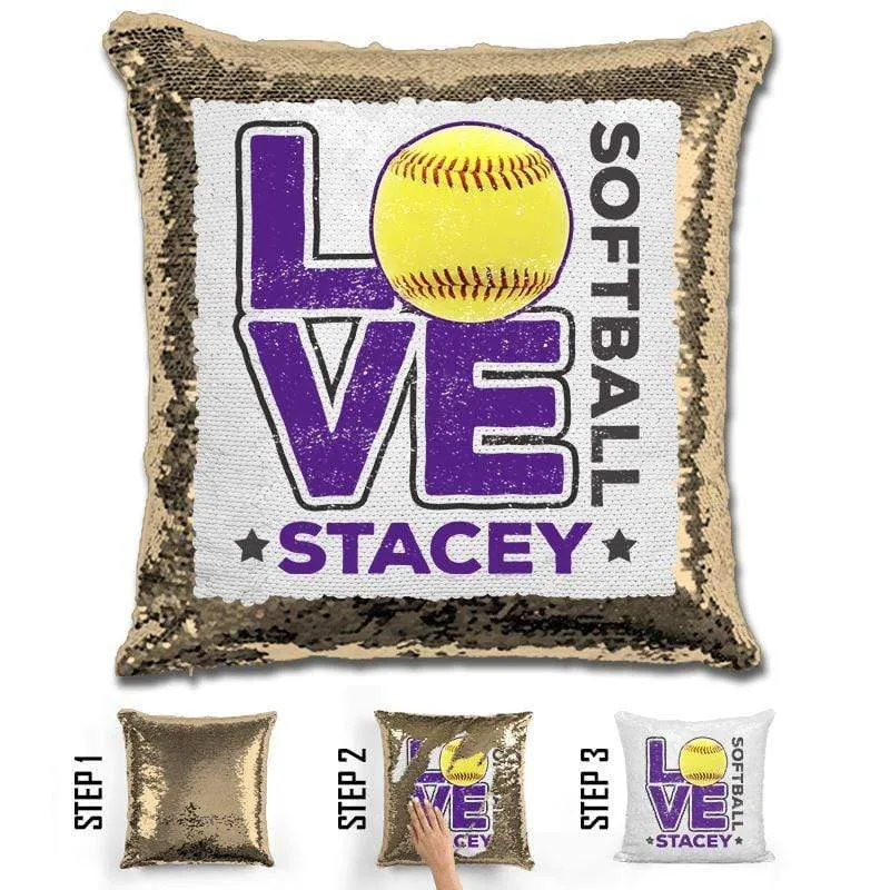 Personalized LOVE Softball Magic Sequin Pillow