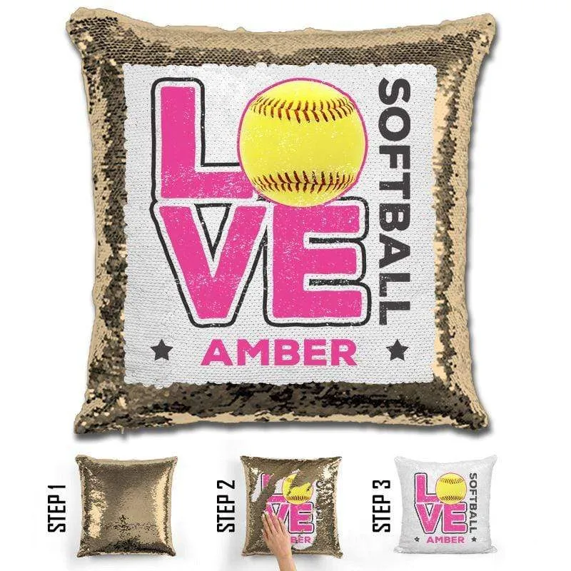 Personalized LOVE Softball Magic Sequin Pillow