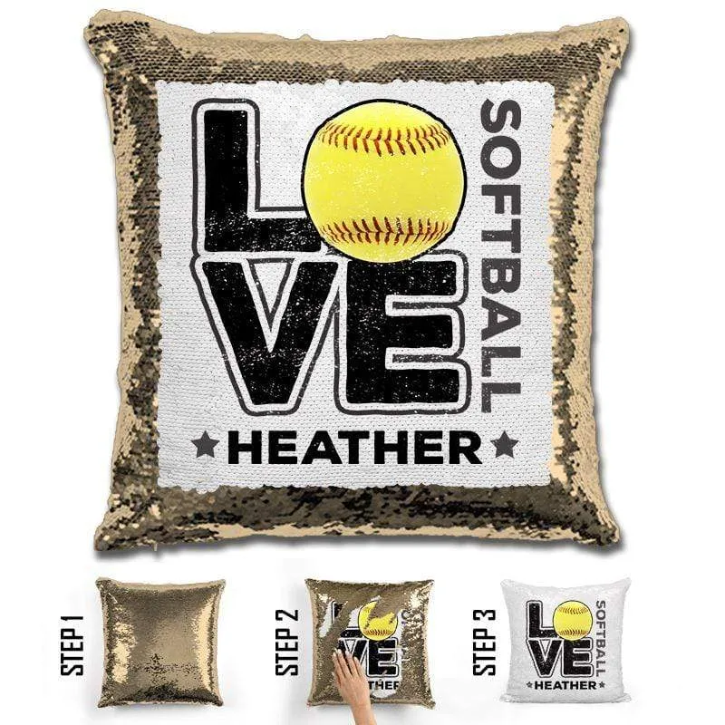 Personalized LOVE Softball Magic Sequin Pillow