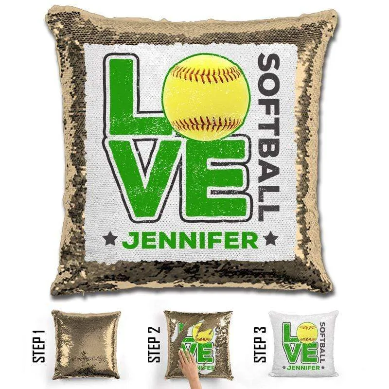 Personalized LOVE Softball Magic Sequin Pillow