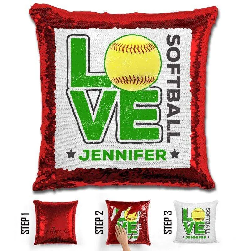 Personalized LOVE Softball Magic Sequin Pillow