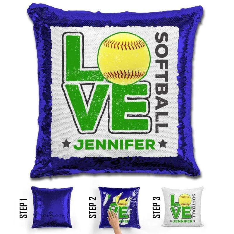 Personalized LOVE Softball Magic Sequin Pillow