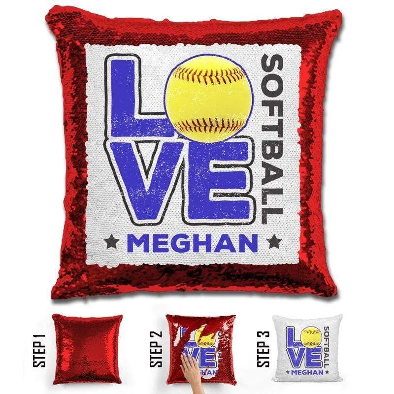 Personalized LOVE Softball Magic Sequin Pillow