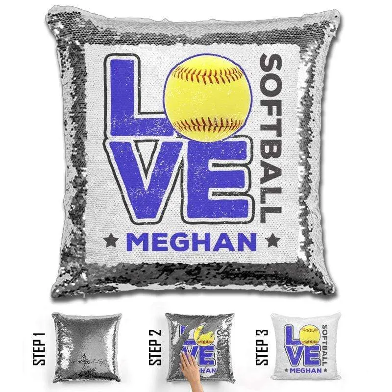 Personalized LOVE Softball Magic Sequin Pillow
