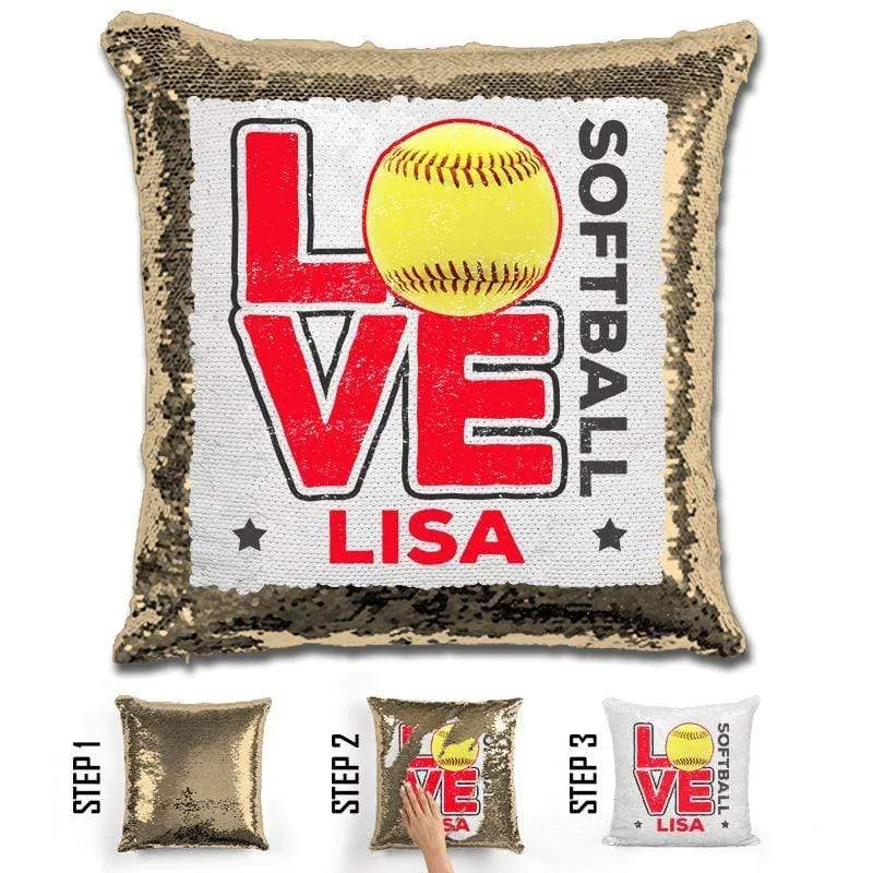 Personalized LOVE Softball Magic Sequin Pillow