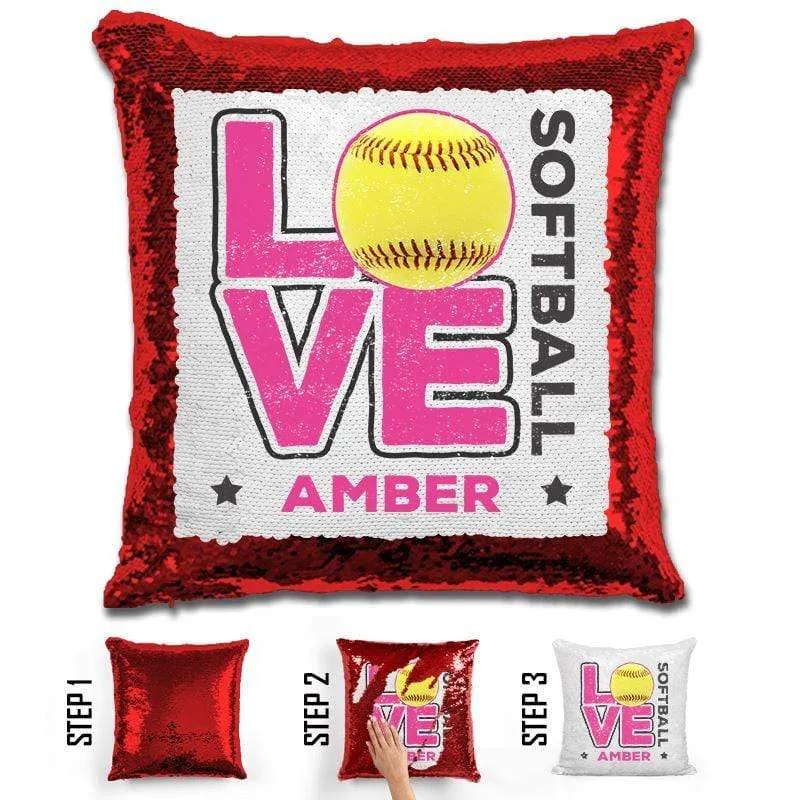 Personalized LOVE Softball Magic Sequin Pillow